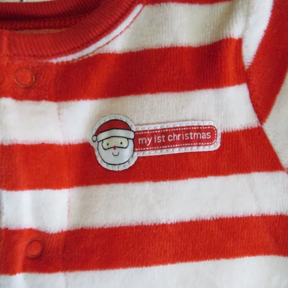 Baby Santa red and white striped footed bodysuit embroidered Holiday